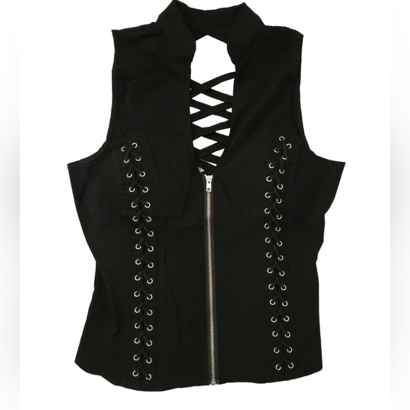 Hearts Rob Lace Up Zip Up Criss Cross Back Vest Tank Top Black Plus 1XL 2XL 3XL - Picture 11 of 14
